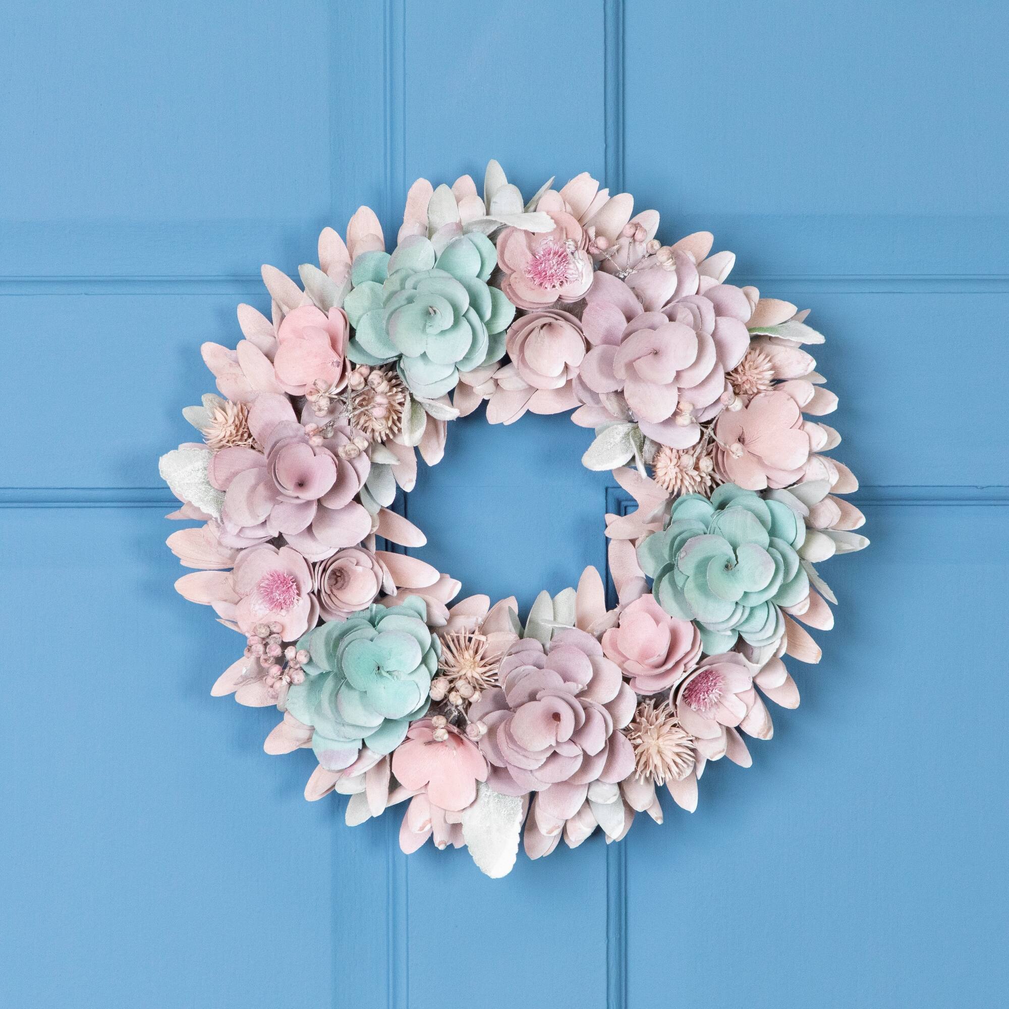 13.5" Wooden Floral Artificial Spring Wreath with Thistles